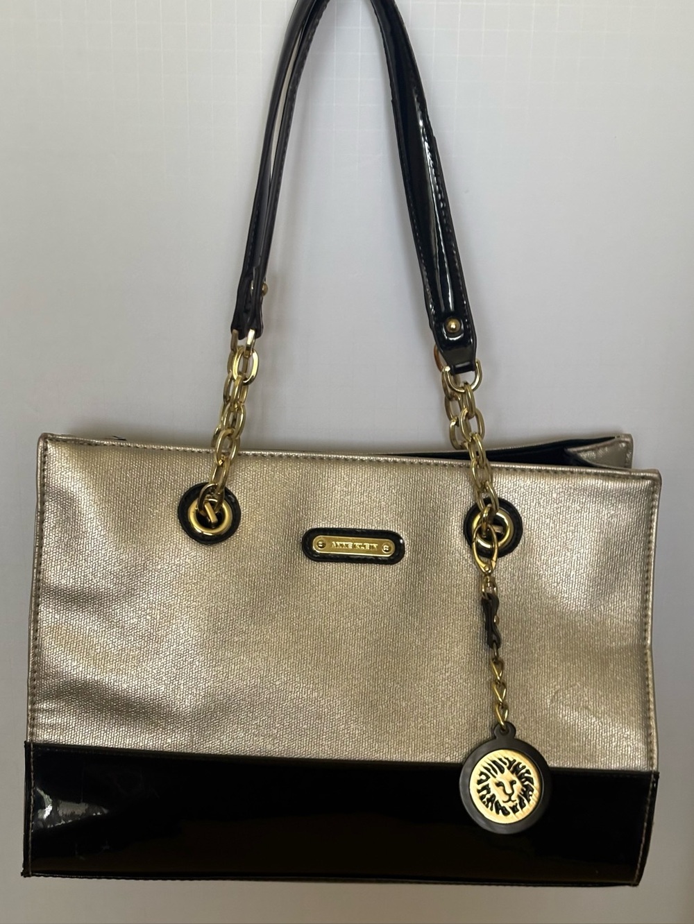 Anne Klein Metallic Gold and Black Patent Tote with Chain Handles